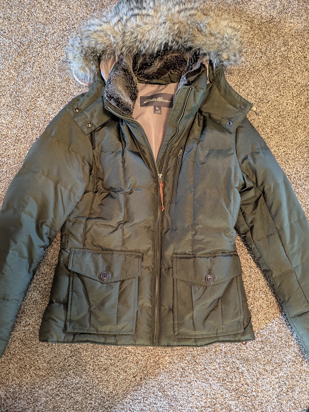 Eddie Bauer Women's Hooded Faux-Fur Trim Olive Puffer Jacket